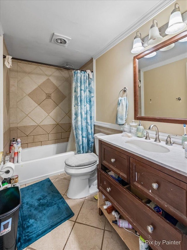 full bathroom featuring vanity, shower / bathtub combination with curtain, tile patterned flooring, crown molding, and toilet