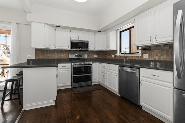 kitchen featuring a sink, stainless steel appliances, a healthy amount of sunlight, and dark wood finished floors