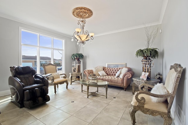 living room with visible vents, baseboards, ornamental molding, light tile patterned floors, and an inviting chandelier