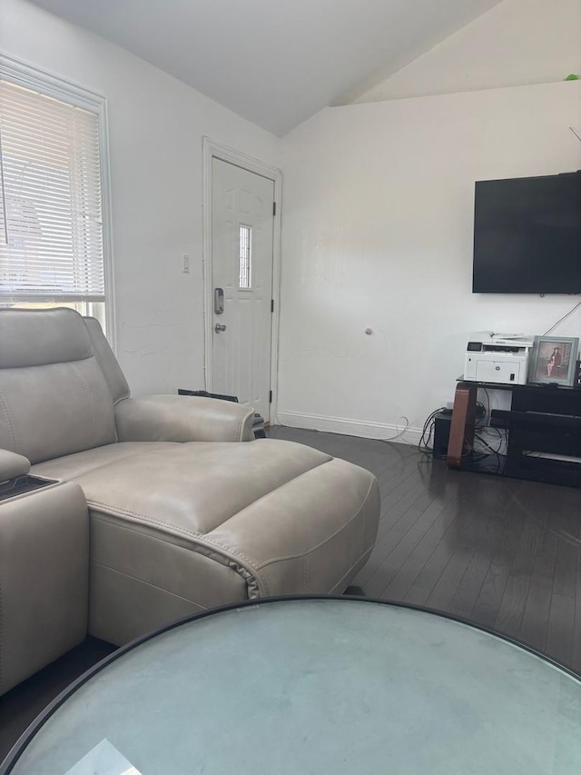 living area featuring baseboards and vaulted ceiling