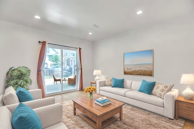 living room featuring recessed lighting, visible vents, and wood finished floors