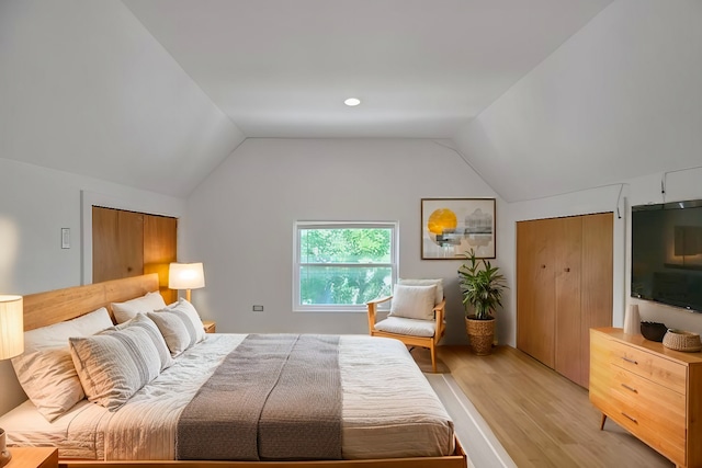 bedroom with light wood-type flooring and lofted ceiling