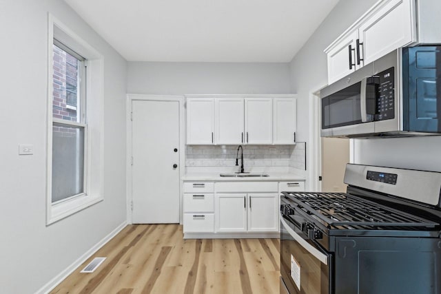 kitchen featuring a sink, light countertops, appliances with stainless steel finishes, white cabinetry, and tasteful backsplash