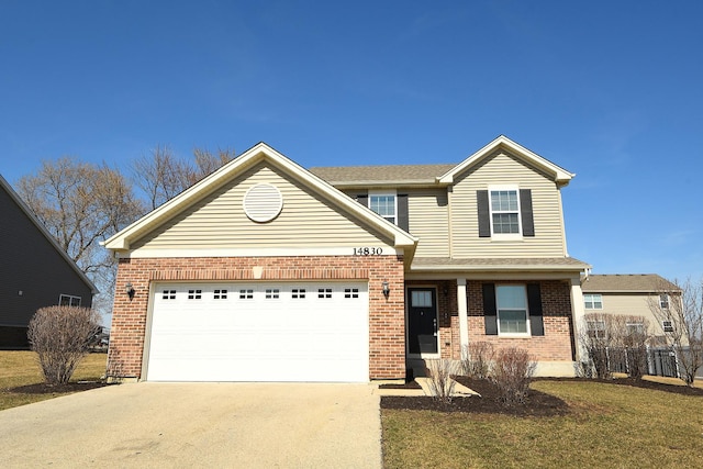 traditional-style house featuring brick siding, an attached garage, driveway, and roof with shingles