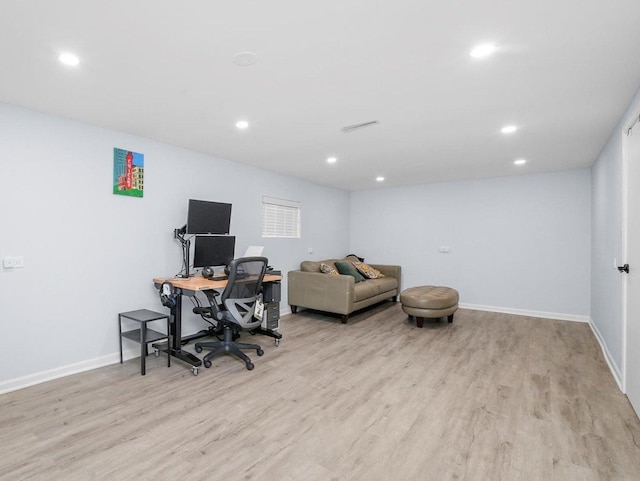 office area featuring recessed lighting, wood finished floors, and baseboards