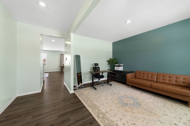 office area with recessed lighting, baseboards, and dark wood-style flooring