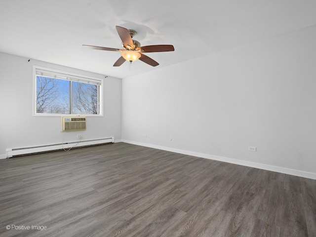 unfurnished room featuring dark wood-type flooring, a ceiling fan, a wall mounted AC, a baseboard radiator, and baseboards