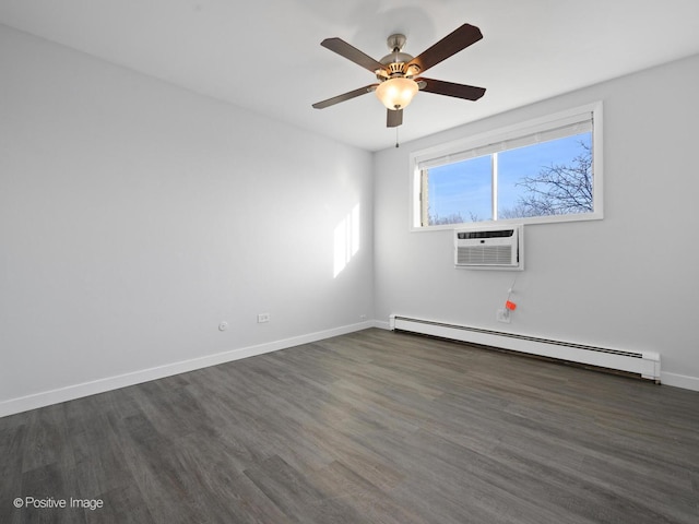 empty room with a ceiling fan, baseboards, a baseboard radiator, dark wood-style flooring, and a wall mounted air conditioner