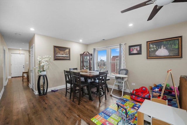 dining area featuring recessed lighting, baseboards, dark wood-type flooring, and a ceiling fan