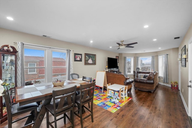 dining area featuring a ceiling fan, recessed lighting, wood finished floors, and visible vents