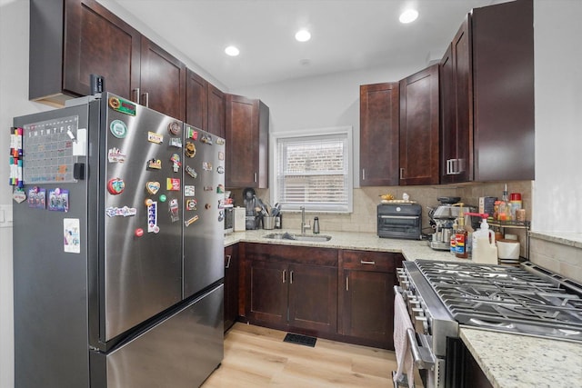 kitchen featuring a sink, stainless steel appliances, light wood-type flooring, and backsplash