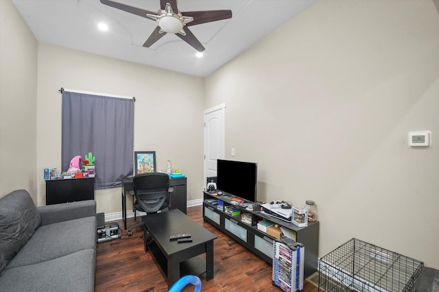 interior space featuring recessed lighting, baseboards, ceiling fan, and wood finished floors