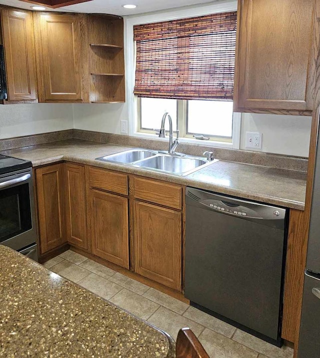 400 S 2nd St, Wapella, IL 61777 - kitchen featuring black dishwasher, stainless steel range with electric stovetop, a sink, open shelves, and light tile patterned floors