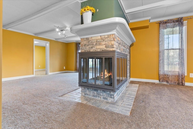 400 S 2nd St, Wapella, IL 61777 - detailed view of carpet floors, a fireplace, baseboards, and beam ceiling