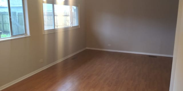 spare room with a wealth of natural light, baseboards, and wood finished floors