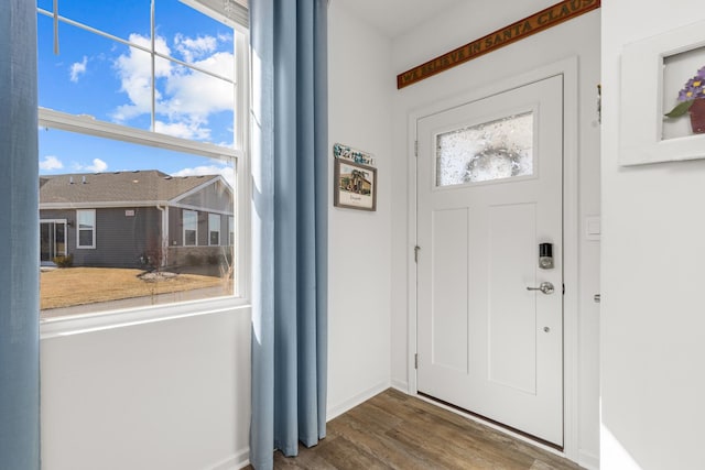 entryway with baseboards and wood finished floors