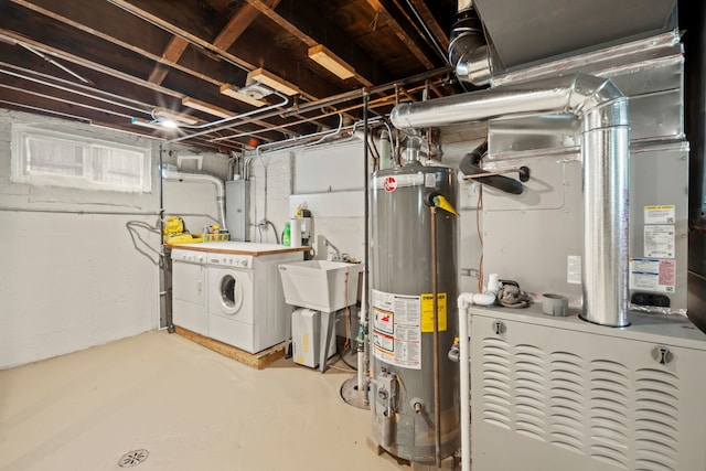 3119 W 83rd St, Chicago, IL 60652 - unfinished basement featuring water heater, separate washer and dryer, heating unit, and a sink