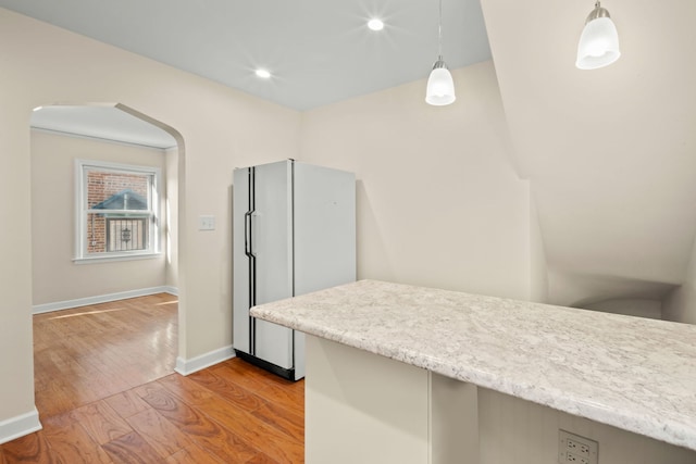 3119 W 83rd St, Chicago, IL 60652 - kitchen with freestanding refrigerator, light wood-style floors, baseboards, decorative light fixtures, and recessed lighting