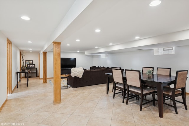 dining area featuring recessed lighting, baseboards, and light tile patterned floors