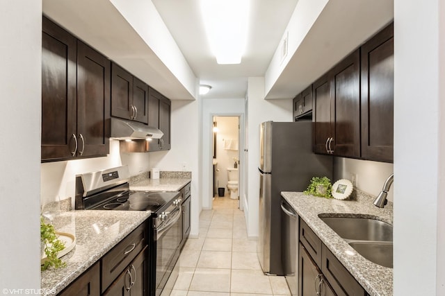 kitchen featuring under cabinet range hood, dark brown cabinetry, stainless steel appliances, and a sink