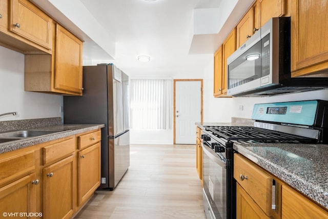 kitchen with a sink, appliances with stainless steel finishes, and light wood-style flooring