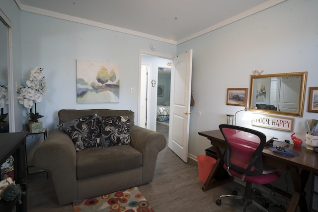 office area featuring wood finished floors and ornamental molding