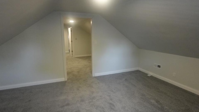 additional living space with visible vents, baseboards, carpet, and vaulted ceiling