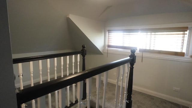 staircase featuring baseboards and carpet floors