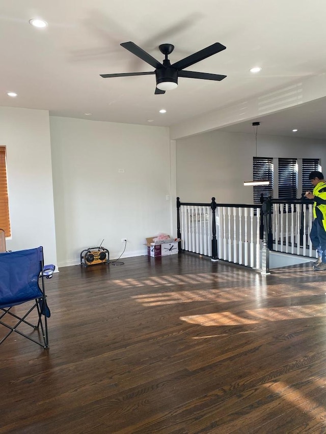 unfurnished room featuring recessed lighting, baseboards, a ceiling fan, and wood finished floors