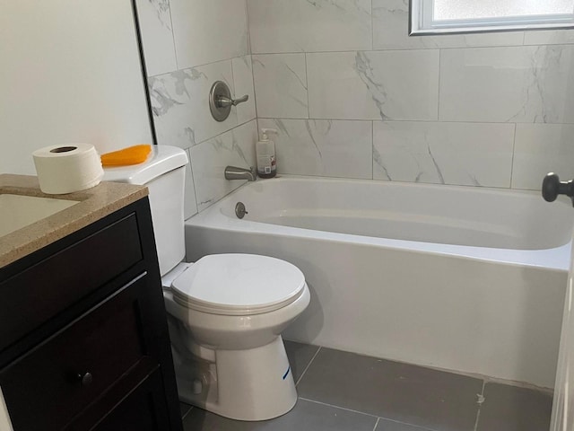 bathroom featuring tile patterned flooring,  shower combination, toilet, and vanity