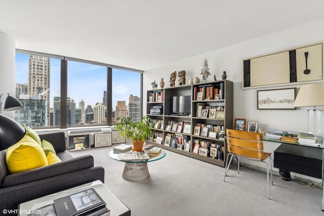 carpeted living area with a wall of windows