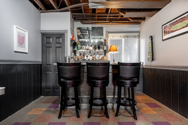 bar featuring a wainscoted wall, a bar, and wooden walls