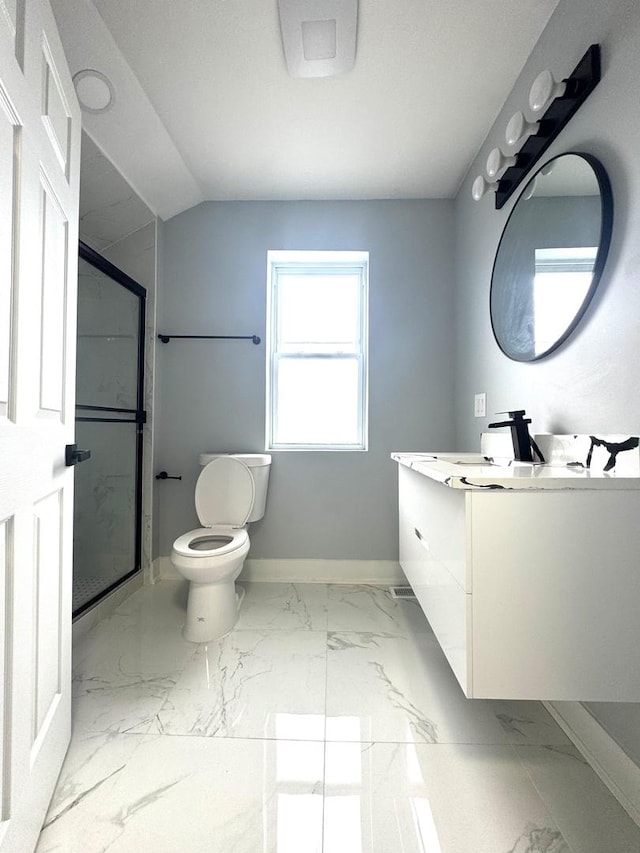 bathroom featuring a shower stall, baseboards, toilet, marble finish floor, and vanity