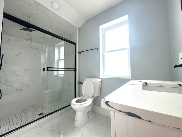 bathroom with a marble finish shower, baseboards, toilet, marble finish floor, and a sink