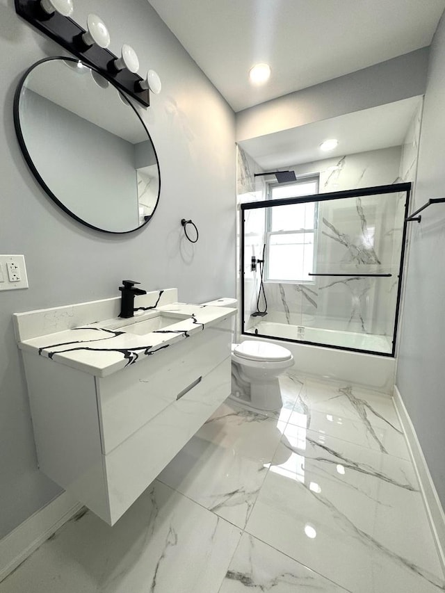 full bath featuring baseboards, bath / shower combo with glass door, toilet, marble finish floor, and vanity