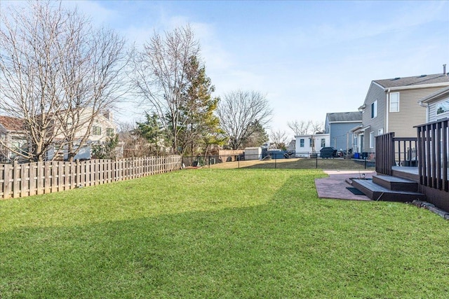 view of yard featuring a residential view, a wooden deck, and a fenced backyard