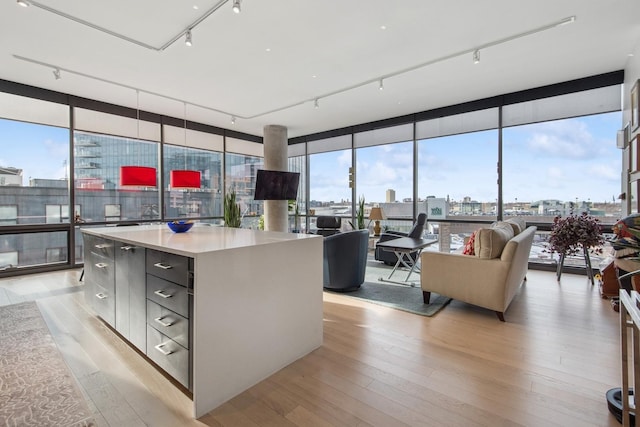 kitchen with floor to ceiling windows, modern cabinets, light wood-type flooring, and a kitchen island