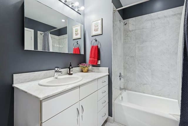 full bath featuring vanity and shower / bath combination with curtain