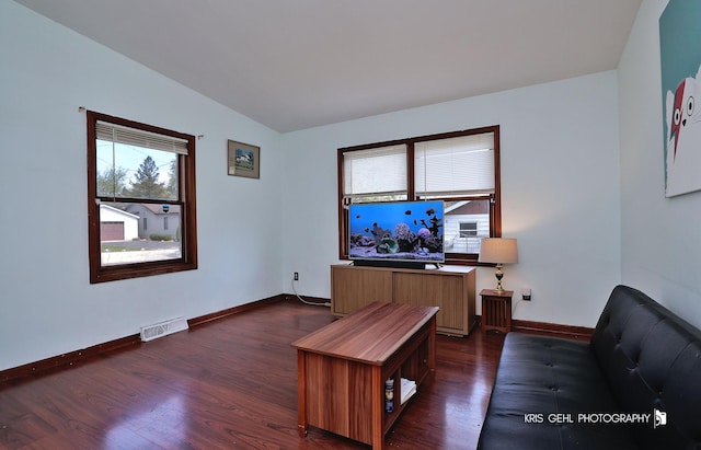 17825 W Cheyenne Ct, Grayslake, IL 60030 - living room with dark wood-style floors, baseboards, and vaulted ceiling