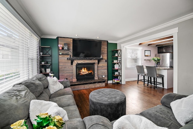 living area featuring a fireplace, wood finished floors, baseboards, and ornamental molding