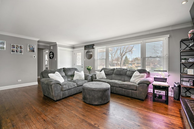 living room with wood finished floors, baseboards, and ornamental molding