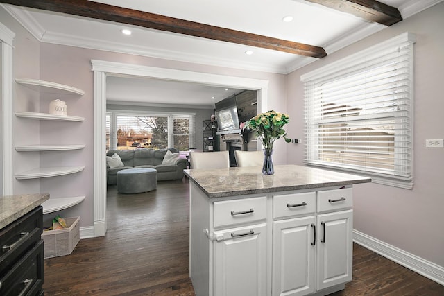 kitchen featuring beam ceiling, open shelves, dark wood finished floors, white cabinetry, and baseboards