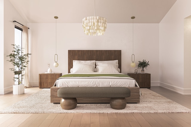 bedroom featuring an inviting chandelier, baseboards, and wood finished floors