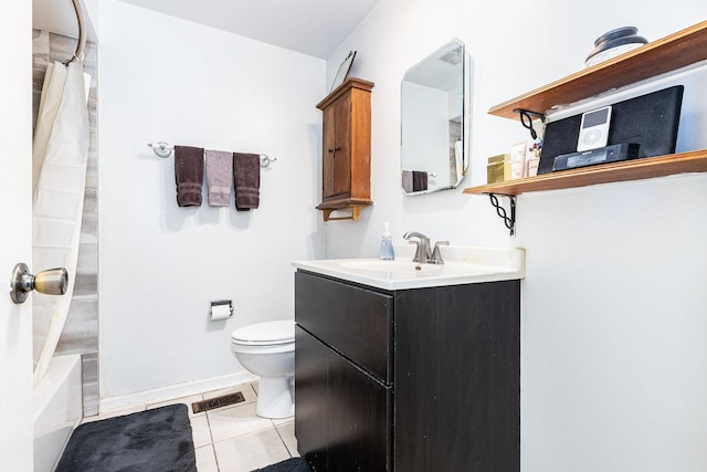 bathroom with tile patterned floors, visible vents, shower / bathtub combination with curtain, toilet, and vanity