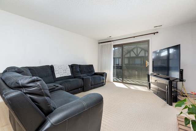 carpeted living room featuring visible vents