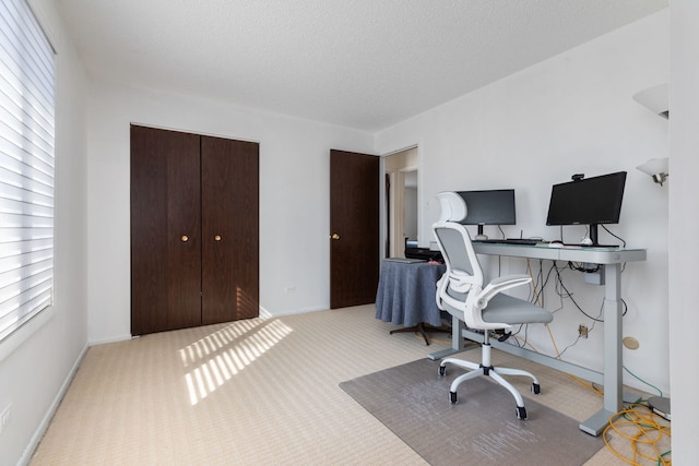 carpeted office featuring a textured ceiling and baseboards