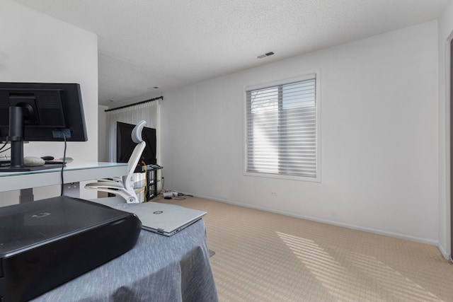 interior space featuring baseboards, visible vents, carpet floors, and a textured ceiling