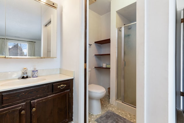 bathroom featuring vanity, toilet, and a stall shower