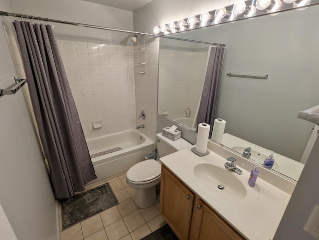 bathroom featuring toilet, shower / bath combo, vanity, and tile patterned flooring