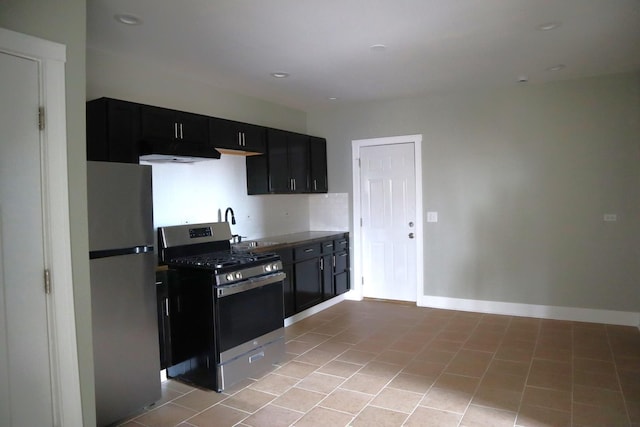 kitchen with baseboards, a sink, stainless steel appliances, under cabinet range hood, and dark cabinets